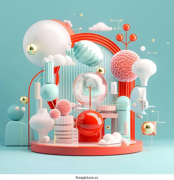 Abstract 3D Shapes Art Background With Blue Pink And Red Colors