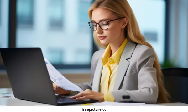 A blonde woman in glasses is working on a laptop.