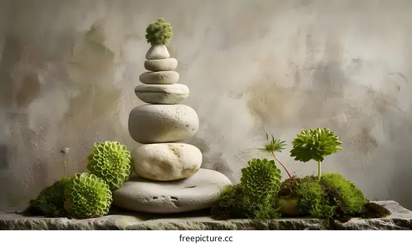 Zen Stones And Greenery On A Stone Surface