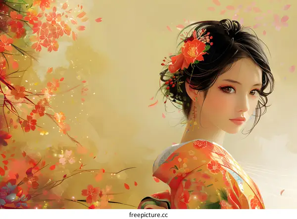 A beautiful Japanese woman in a kimono with red and orange flowers in her hair