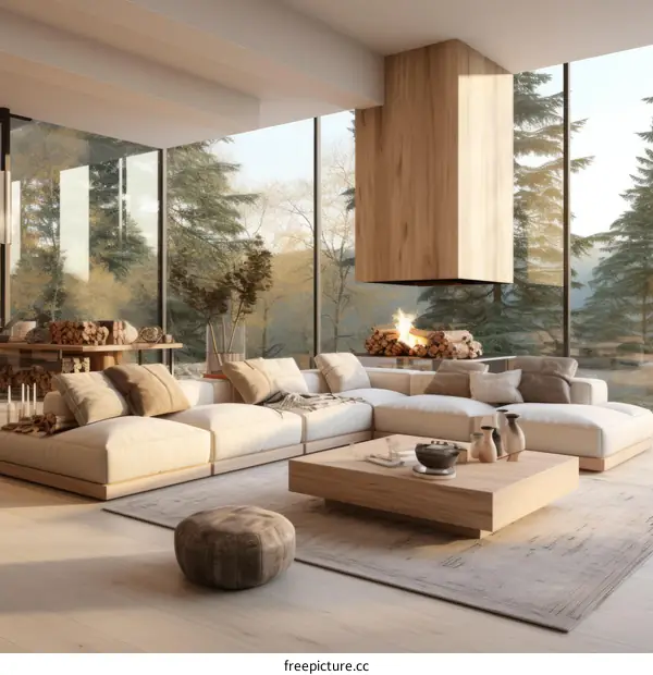 Airy and bright living room with a fireplace and a view of the forest