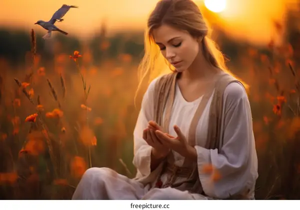 Young woman praying in a field of flowers at sunset