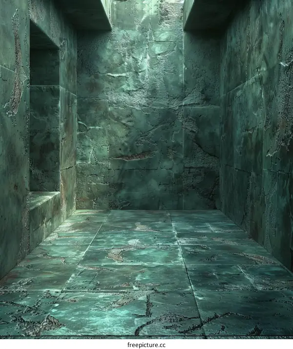 Empty Green Stone Room with Cracked Walls and Floor