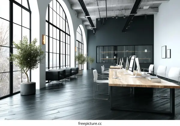 Modern Open-Plan Office Workspace with Large Windows