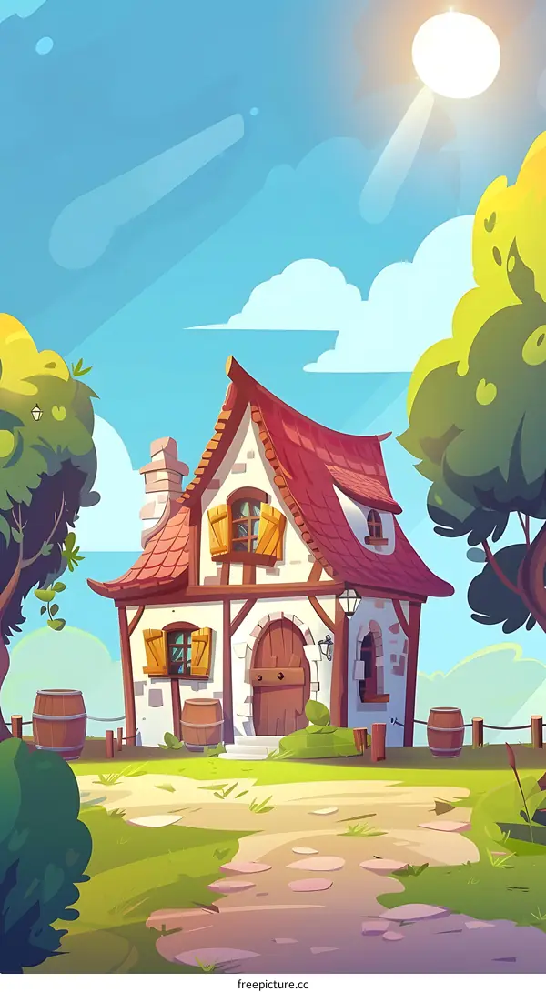 Cartoon Illustration Of A Stone Cottage In The Countryside