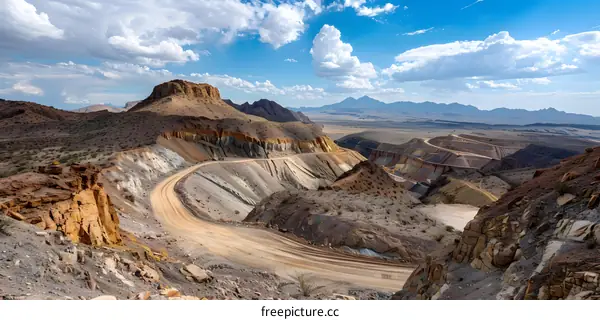 A dirt road winds through a canyon in the desert