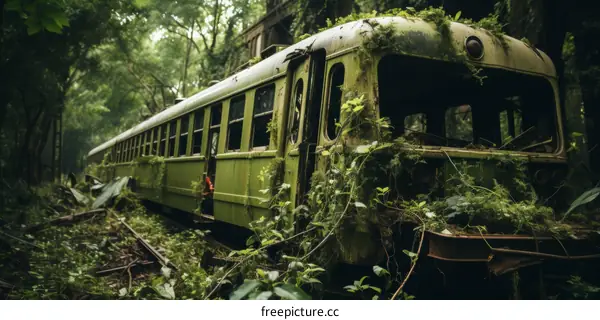 rusty green train overgrown with plants in jungle