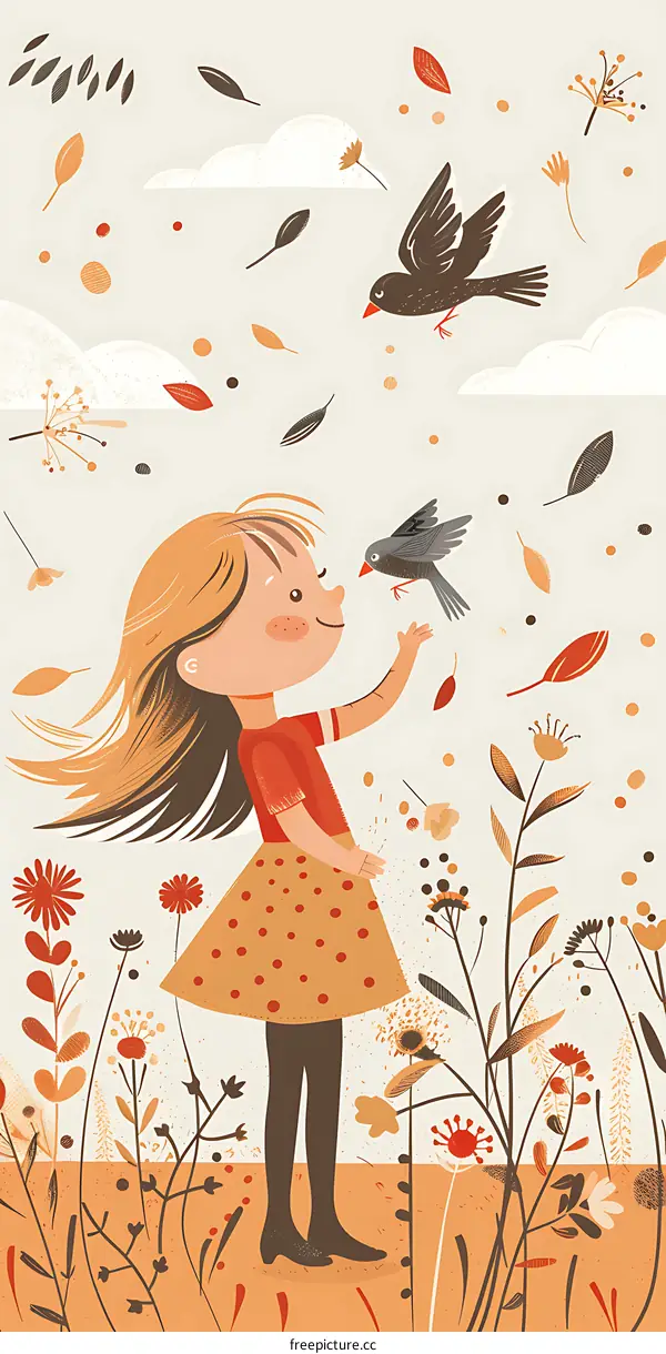 Little Girl in a Meadow with Birds