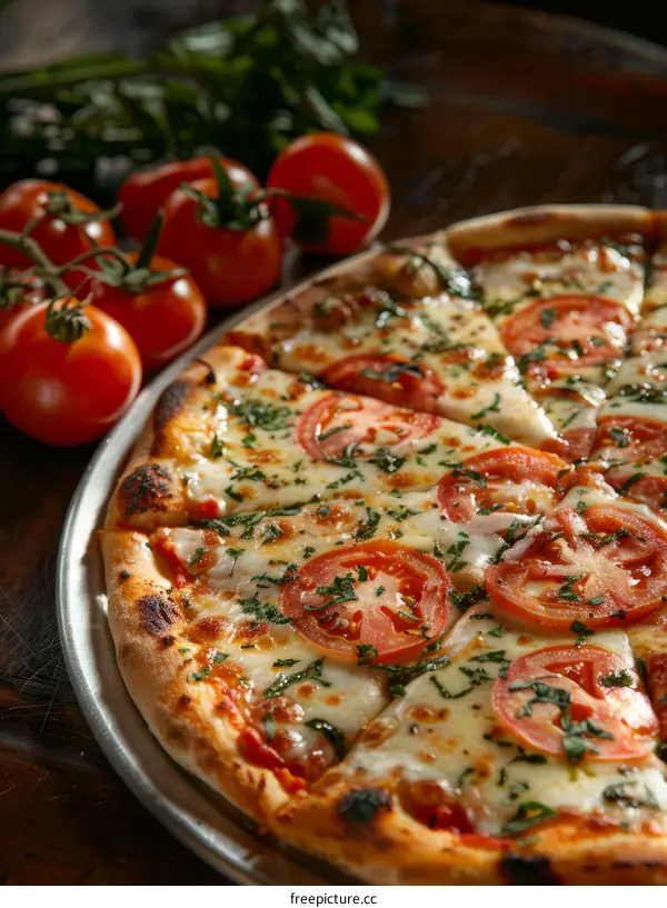 A delicious pizza with fresh tomatoes and basil