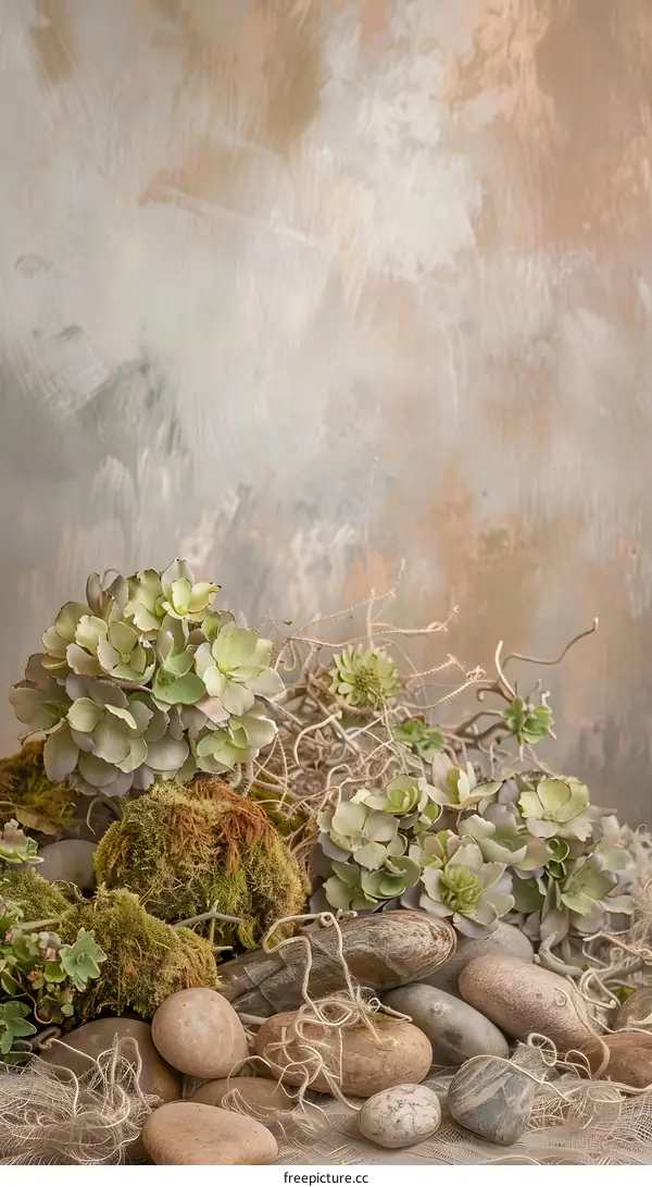 Green Succulents and Moss with Stones and Beige Background