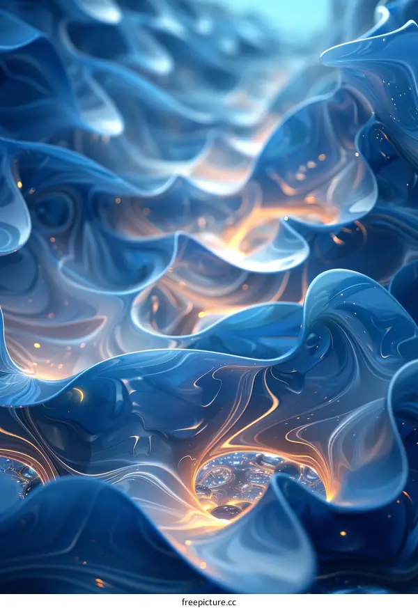 Blue and Gold Abstract Fluid Waves Painting