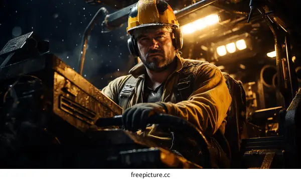 A male miner wearing a hard hat and protective gear operates heavy machinery in a mine.