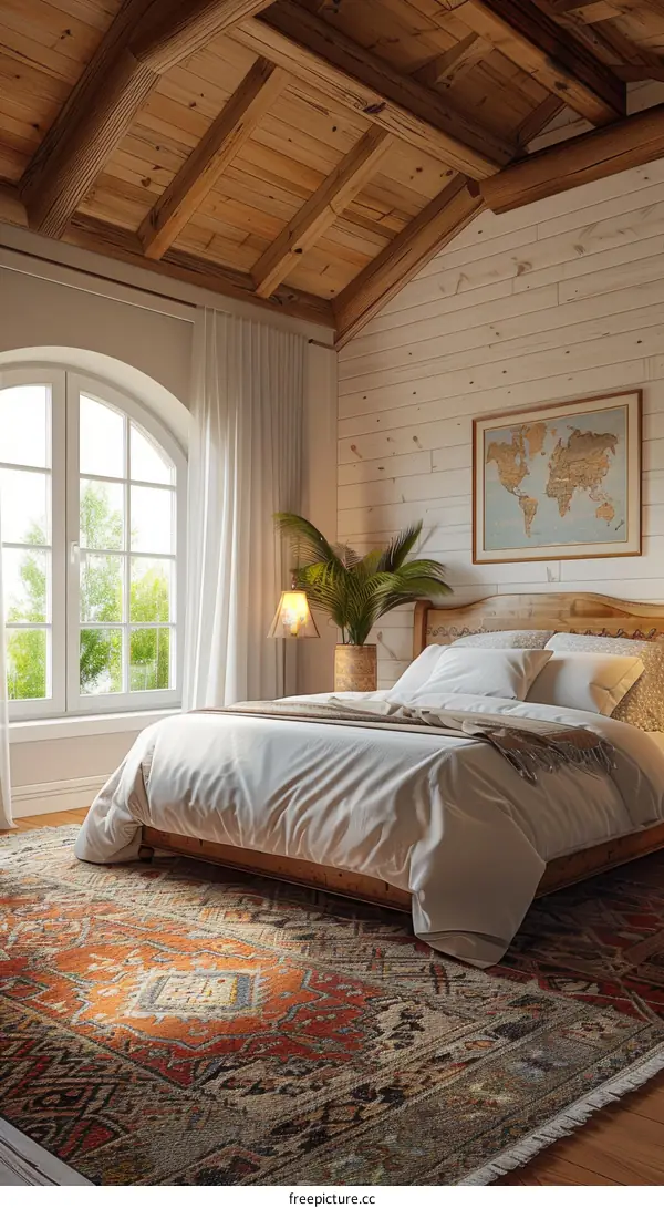 Rustic Wooden Ceiling Bedroom with Area Rug