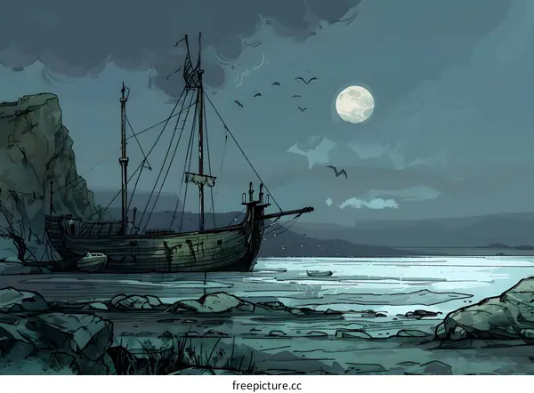 Moonlight and Sea Landscape with Ship