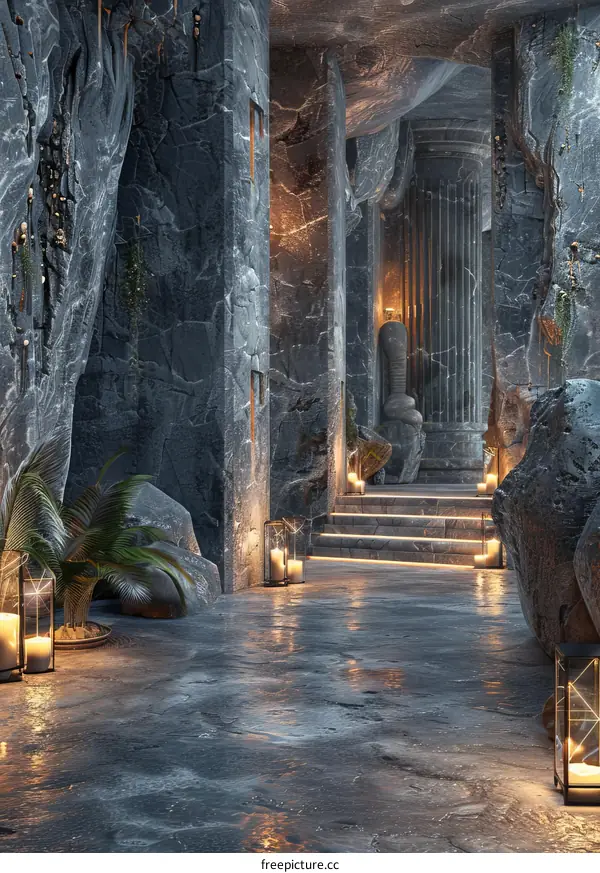 Mystical Temple Interior with Glowing Candles and Ancient Statues