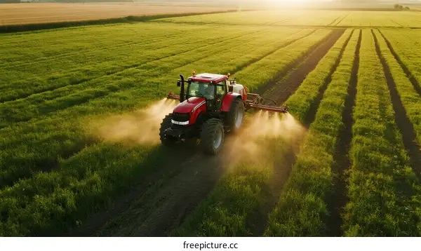A Red Tractor Spraying Pesticide on Green Crops Field