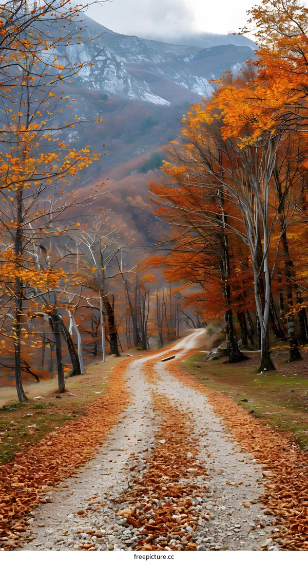 Autumn Forest Path with Mountain in the Background