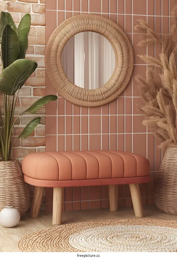 Bohemian Style Interior Design With Rattan Mirror and Bench