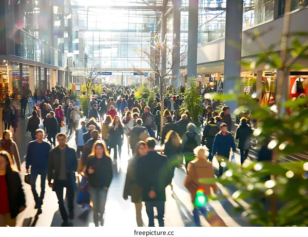 Blurred View Of People Walking In A Large Shopping Mall