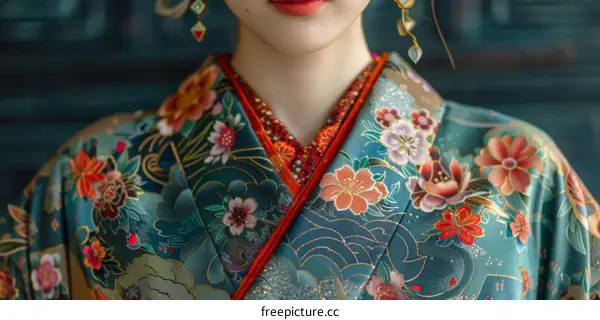Close up of a woman wearing a kimono with floral patterns