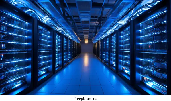 Blue lit server room with no people