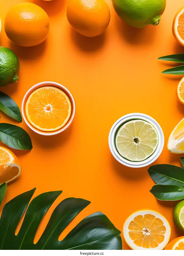 Citrus Fruit and Green Leaves on Orange Background