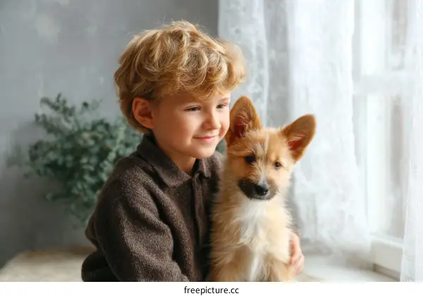 Boy with Puppy by the Window