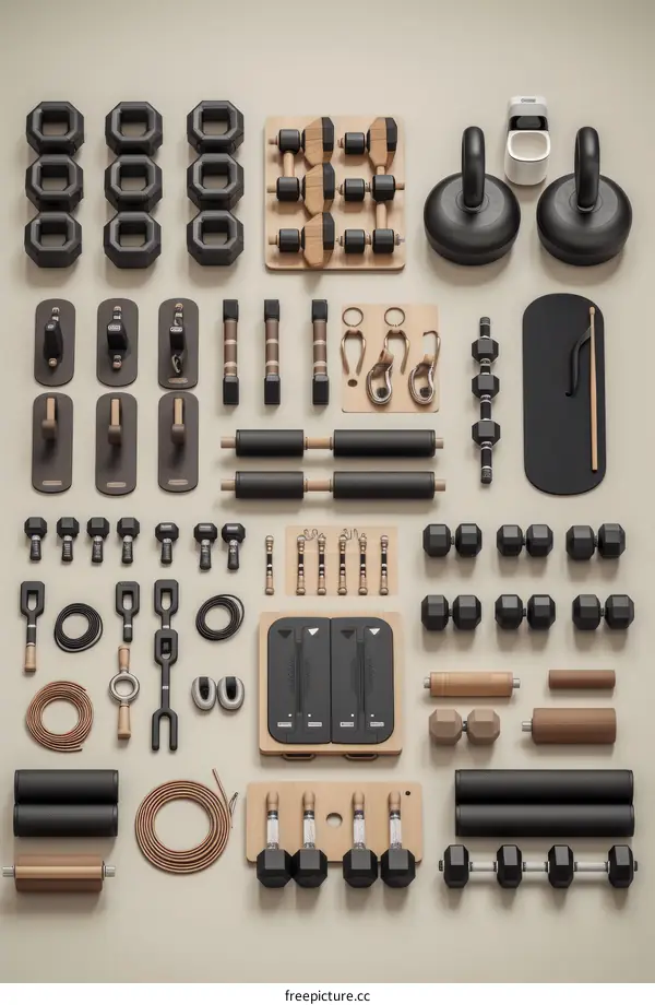 A wide variety of fitness equipment is neatly arranged on the ground.