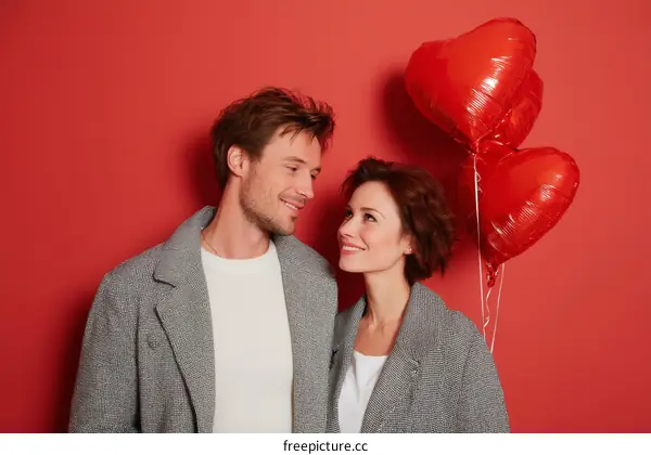 Couple Posing with Red Heart Balloons on a Red Background