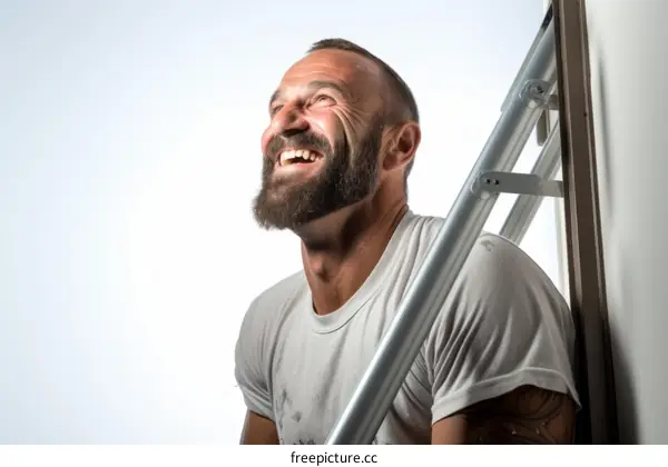 Happy man leaning on ladder