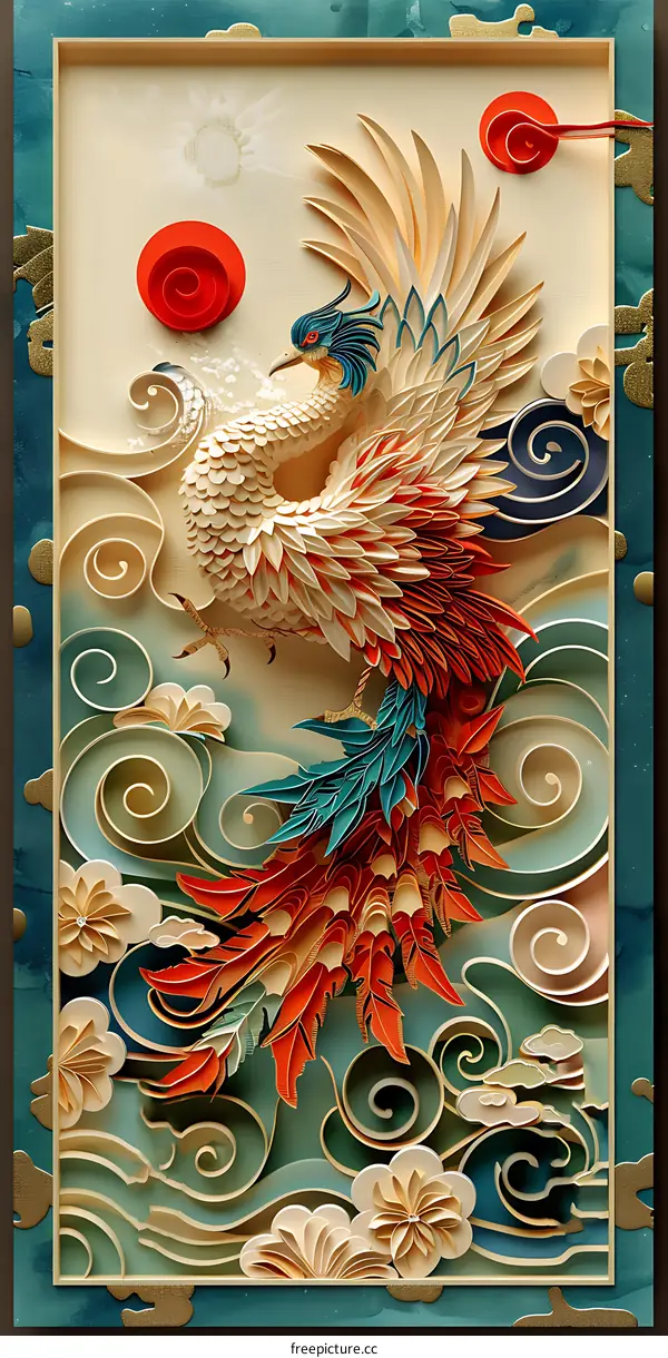 A phoenix made of paper cut with Chinese traditional patterns and colors.