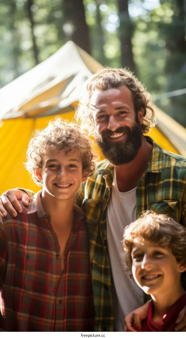 Happy family camping in the woods