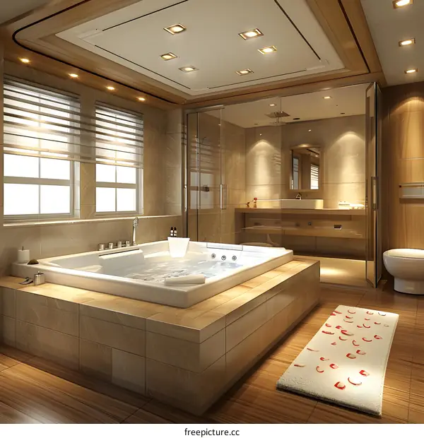 Spacious and luxurious modern bathroom interior with gray tile walls and wood floor