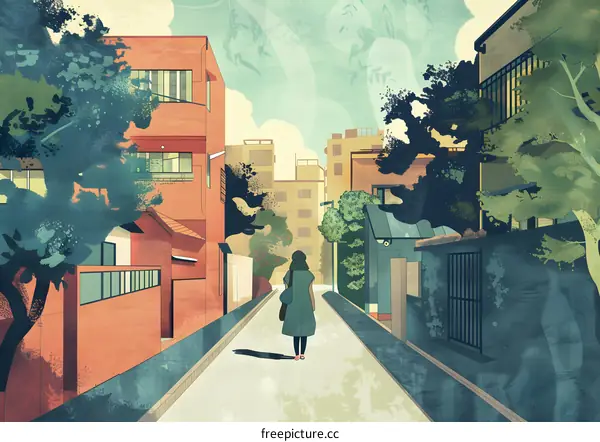 Woman Walking Down a Narrow Alleyway in a Japanese City