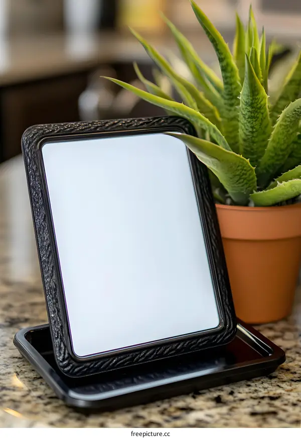 Black Framed Mirror on Countertop With Plant in the Background