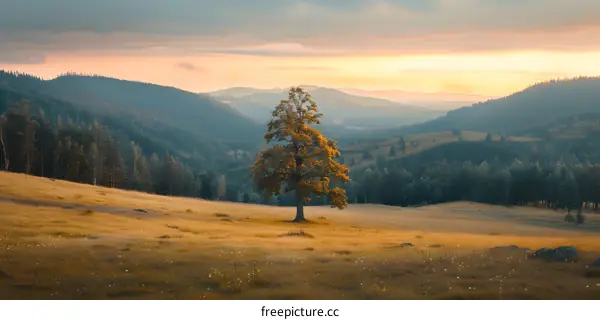 Golden Tree in the Autumn Mountains