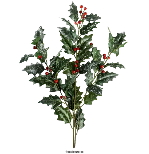 [Transparent Background PNG]Green Holly Sprig with Red Berries and Fake Snow