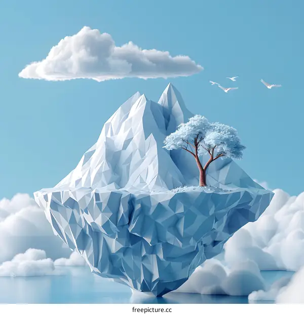 Floating Mountain with a Tree on Top in the Clouds
