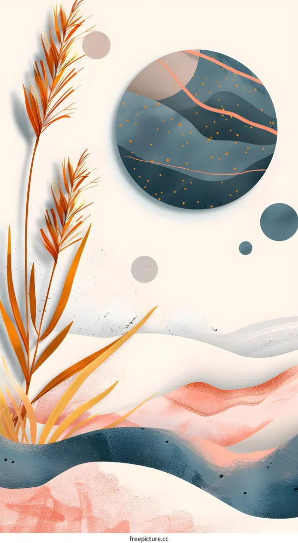 Abstract Art with  Wavy Lines and  Golden Leaves 