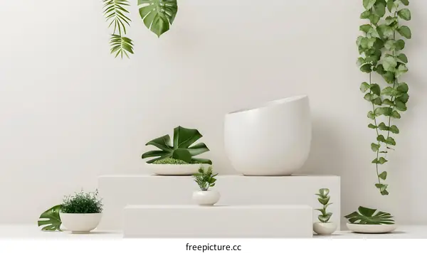 White Minimalist Product Display with Green Plants