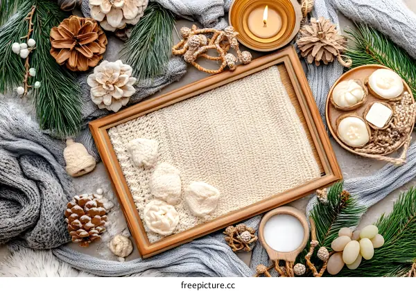 Winter Holiday  Flat Lay with Knitted Frame and Pine Branches