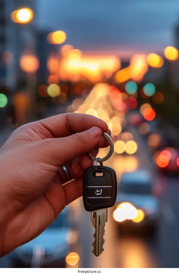 Car keys in hand with blurred city lights in background