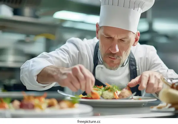 Focused male chef carefully finishing gourmet dish
