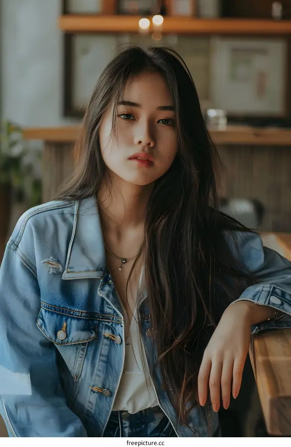 Asian Woman Wearing Denim Jacket