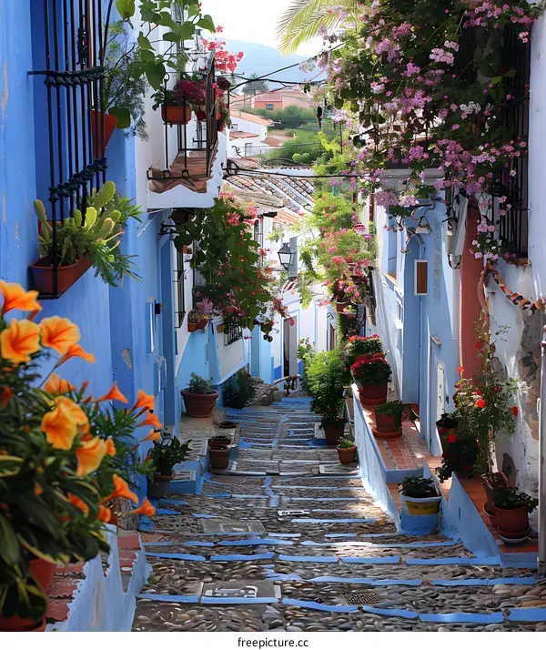 Cobblestone Pathway in a Blue and White Village