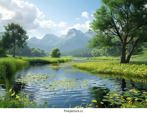 Serene Mountain Landscape with River and Green Fields
