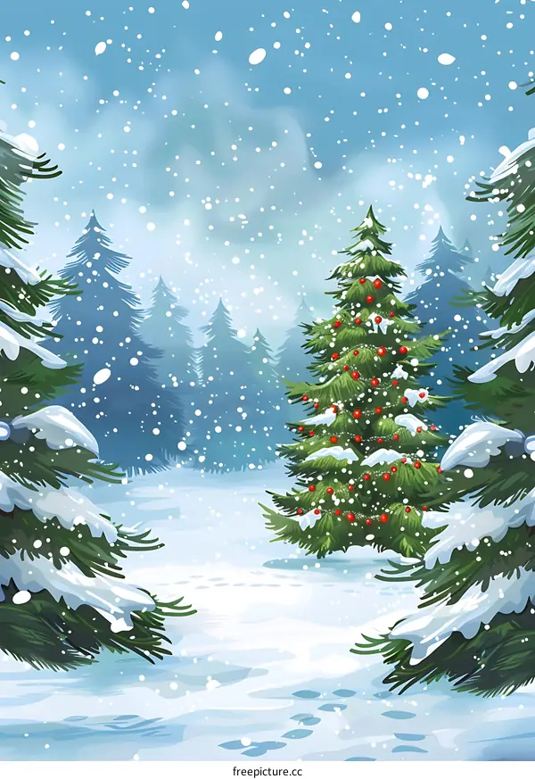 Snowy Forest with Christmas Tree Illustration