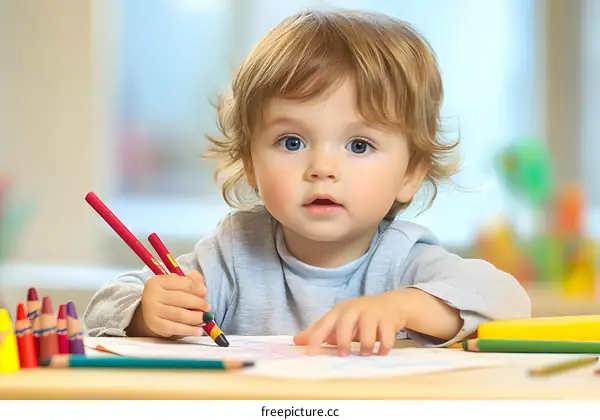 Cute Little Boy Drawing with Crayons