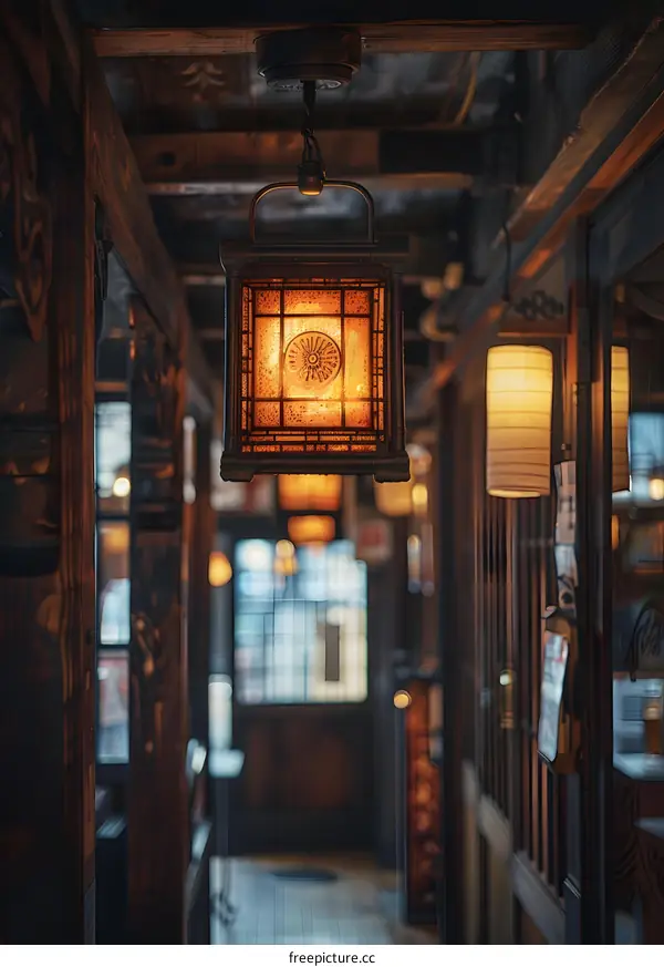 Illuminated lantern in a dark hallway