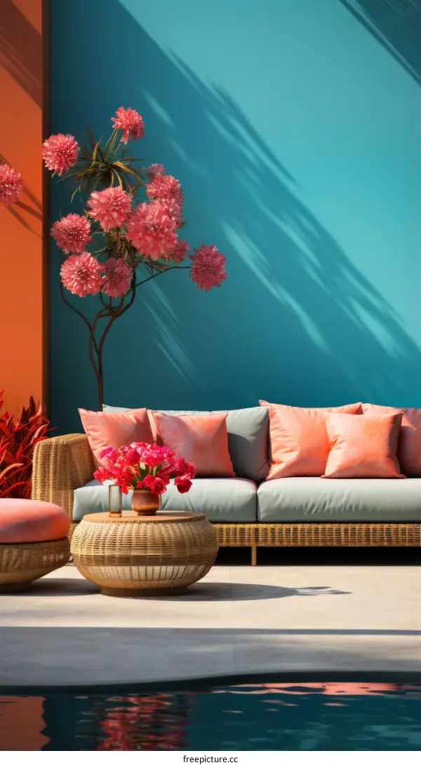 Pink and blue home interior with sofa and flowers